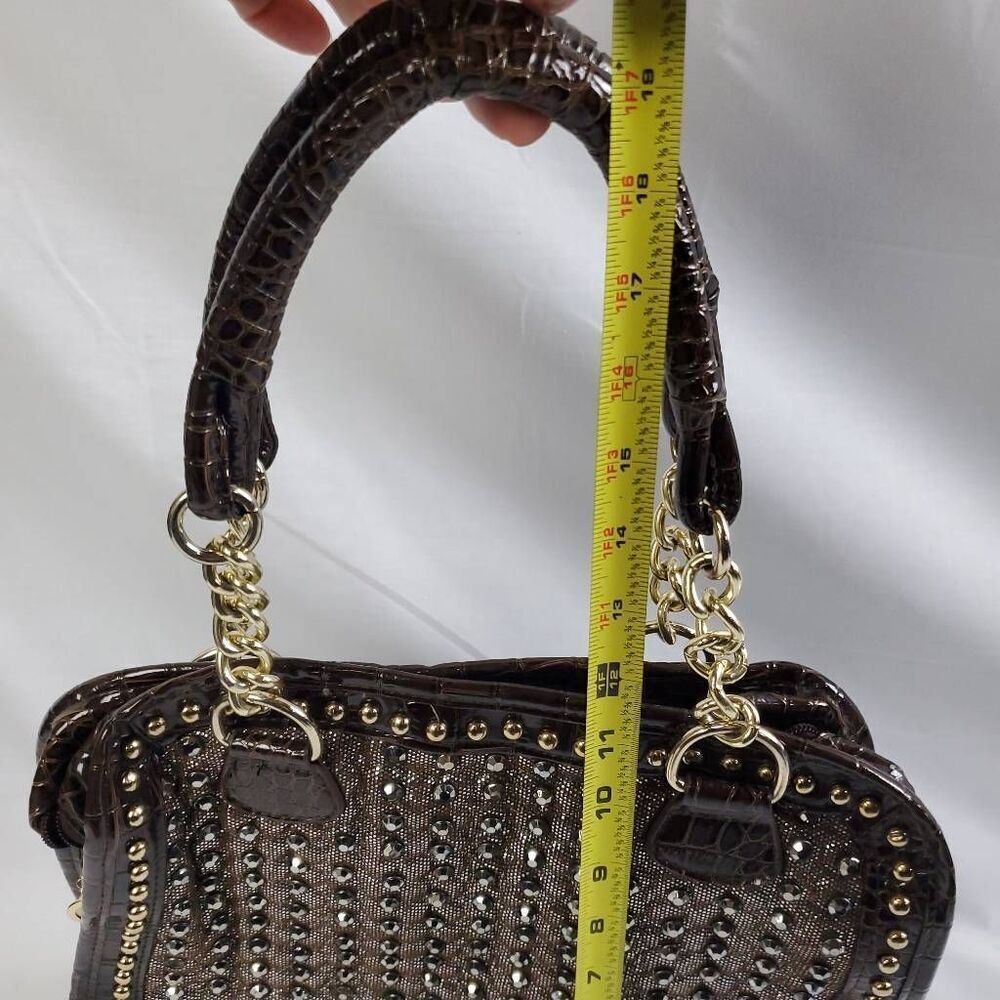 Brown Studded Faux Croc Tote Purse Gold Chain Handles Glam Satchel 13x11 - Picture 8 of 8